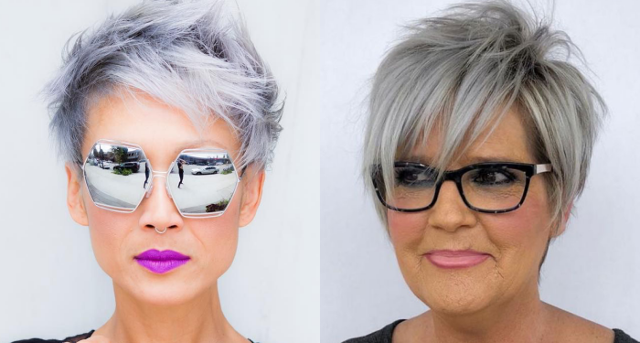 Freche Frisuren für Frauen ab 50 mit grauen Haaren und einer Brille